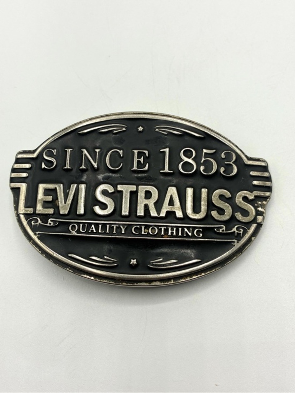 Levi Strauss Since 1853 Quality Clothing Metal Belt Buckle Black Silver Tone